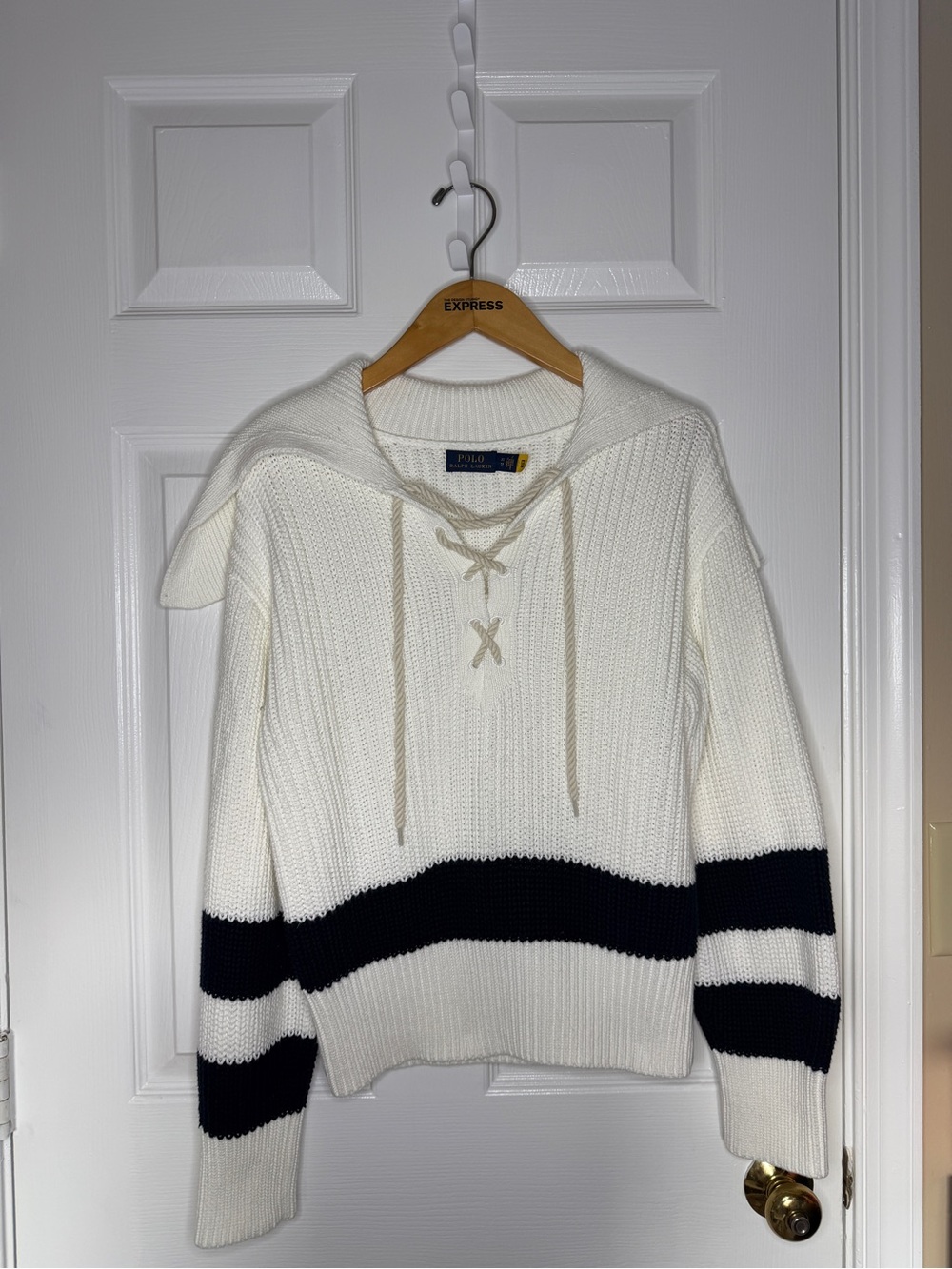 Polo by Ralph Lauren Cream Hooded Knit Sweater with Navy Stripes